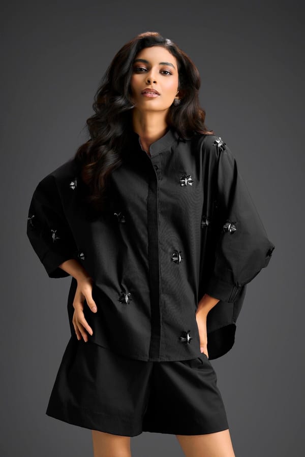 Black Butterfly Embellished Pleated Shirt & Shorts Set — Deepika Arora