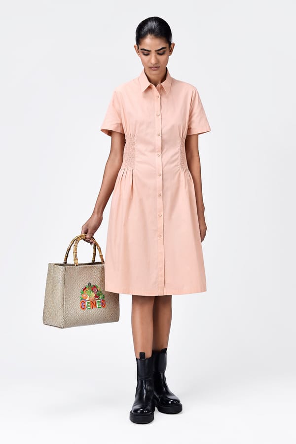Light Peach Cotton Poplin Shirt Dress with Back Cutout — Genes Lecoanet Hemant