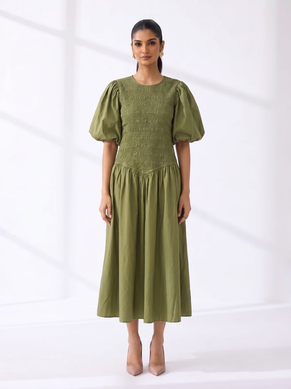 Olive Smocked Bodice Puff Sleeve Midi Dress — BOHO-CHIC