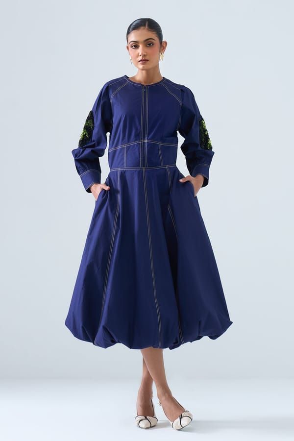 Blue Fit and Flare Midi Dress with Front Zip — STITCH STORIES