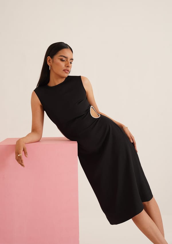Black Bodycon Midi Dress with Rhinestone Waist Cut-Outs — AMOSHI