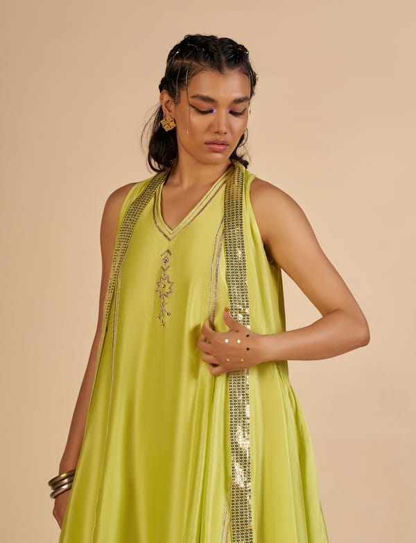 Lime Green Silk Chanderi A-Line Midi Dress — Gulabo by Abu Sandeep