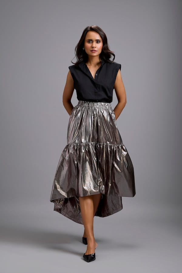 Metallic Gunmetal High-Low Skirt — Deepika Arora