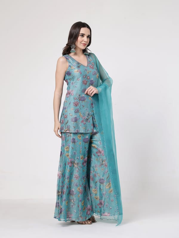 Turqouise Floral Sharara Set — KAPAAS