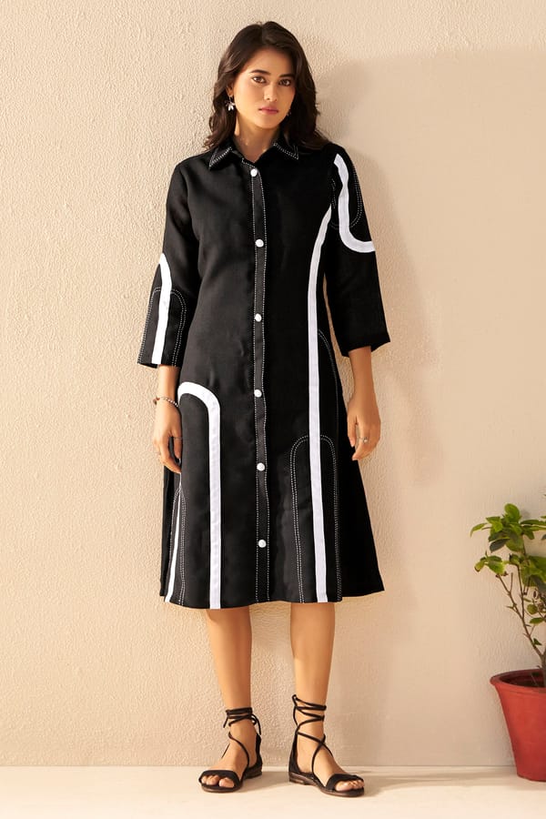 Black and White Contrast Piping Midi Shirt Dress — Savaaya