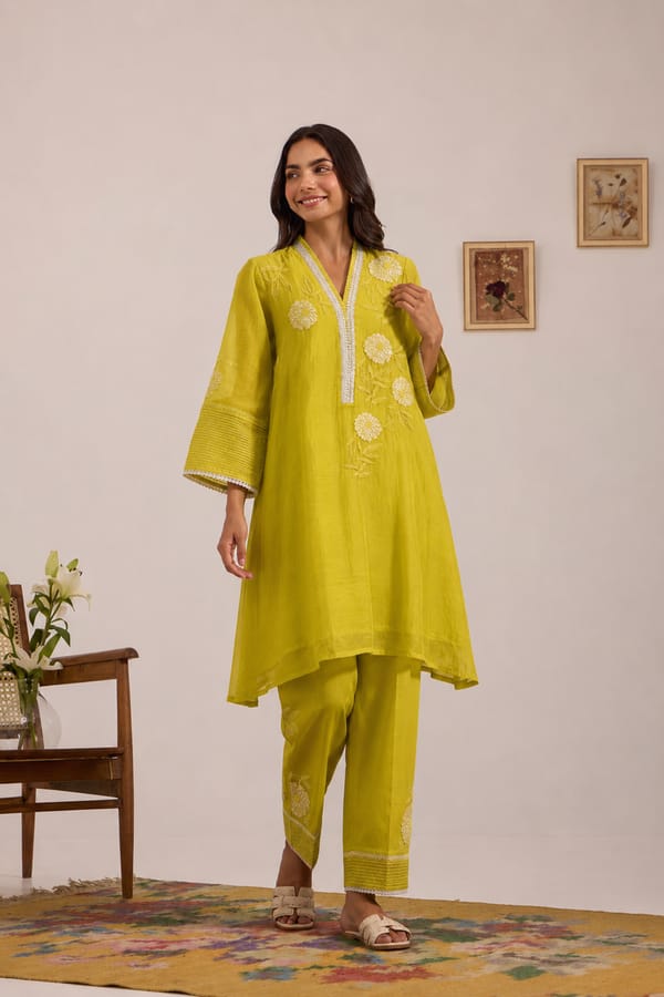 Side Floral Emb A-Line Chanderi Kurta Set — Omi Clothing