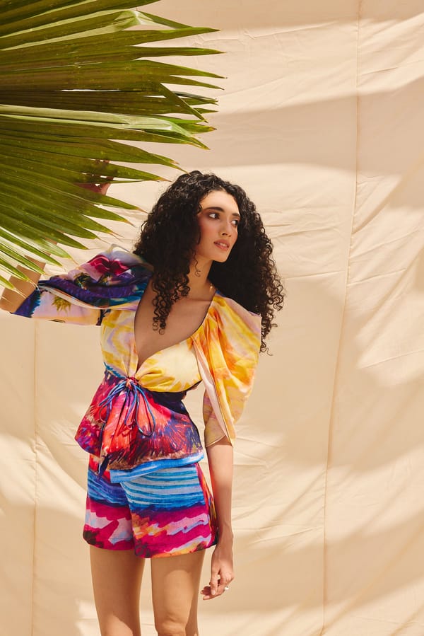 Multicolour Abstract Print Plunging Tie-Up Wrap Top — Zip by Payal Zinal