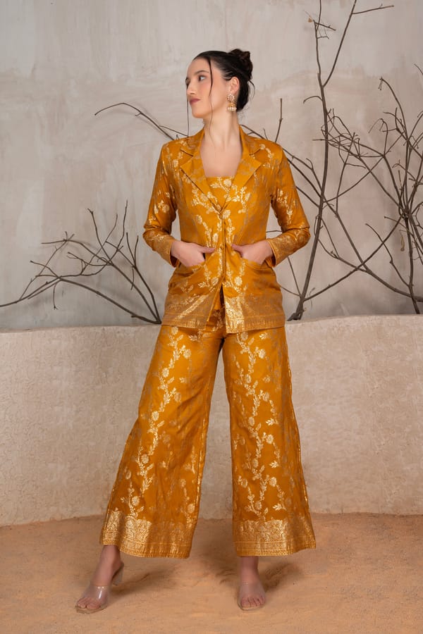 Golden Brocade Blazer and Wide-Leg Pants Co-ord Set — Design By Queen Bee