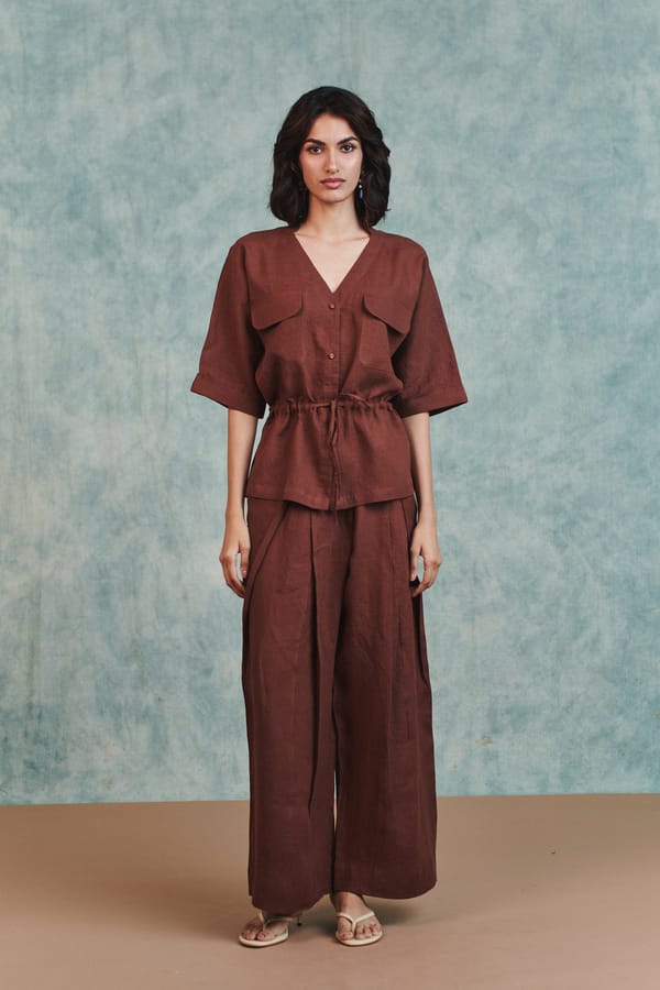 Linen Drawstring Shirt & Pleated Tuck Pants Set — Saphed