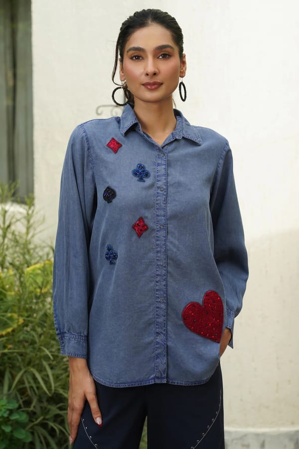 Blue Washed Denim Appliqué Shirt — STITCH STORIES