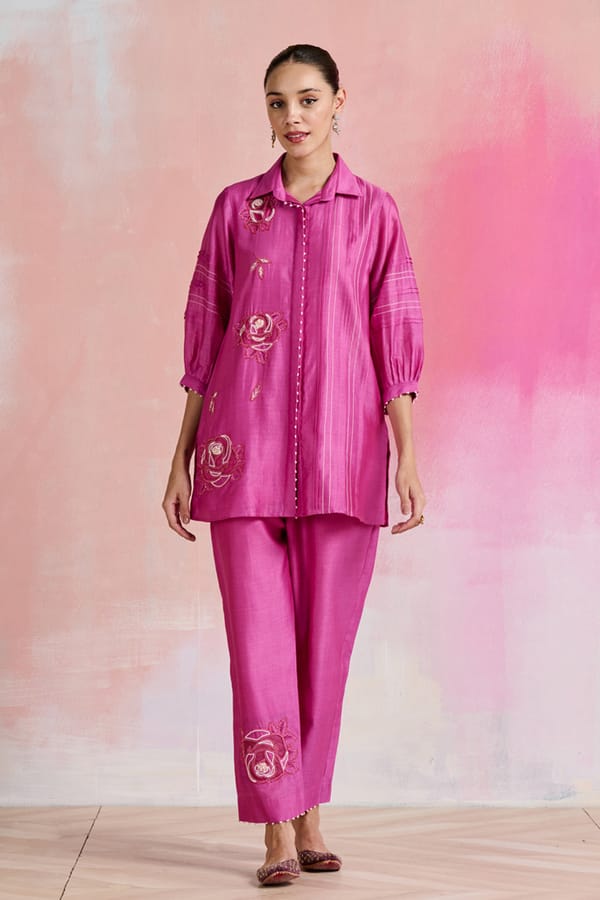 Bright Pink Chanderi Embroidered Kurta Set with Pants — NIRVAIR CLOTHING