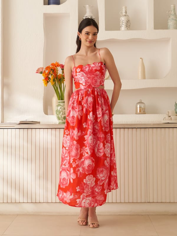 Red Floral Sweetheart Neck Fit and Flare Midi Dress — House of Soi