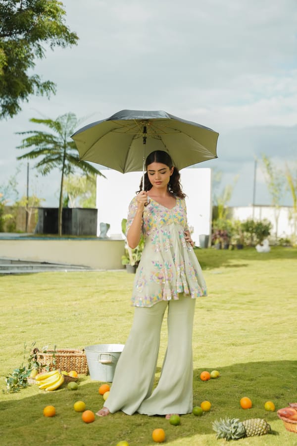 Green Embroidered Organza Co-ord Set with Flared Pants — Isha Sawhney