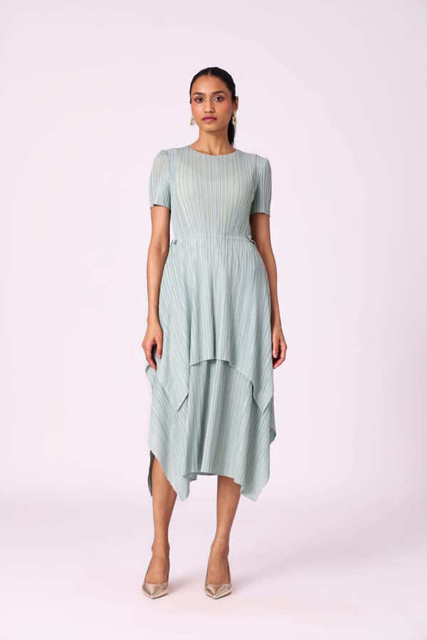 Sage Mint Pleated A-Line Midi Dress with Tie Waist — Scarlet Sage