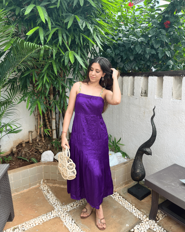 Purple Braided Strap Square Neck Pleated Midi Dress — Neora