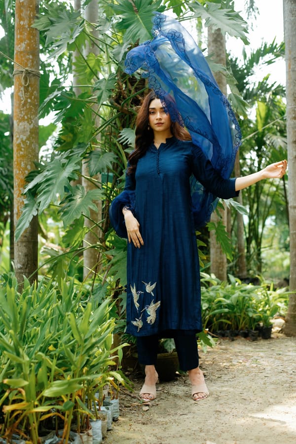 Blue Straight Kurta Set with Embroidery, Pants and Dupatta — SHRISTICHETANI