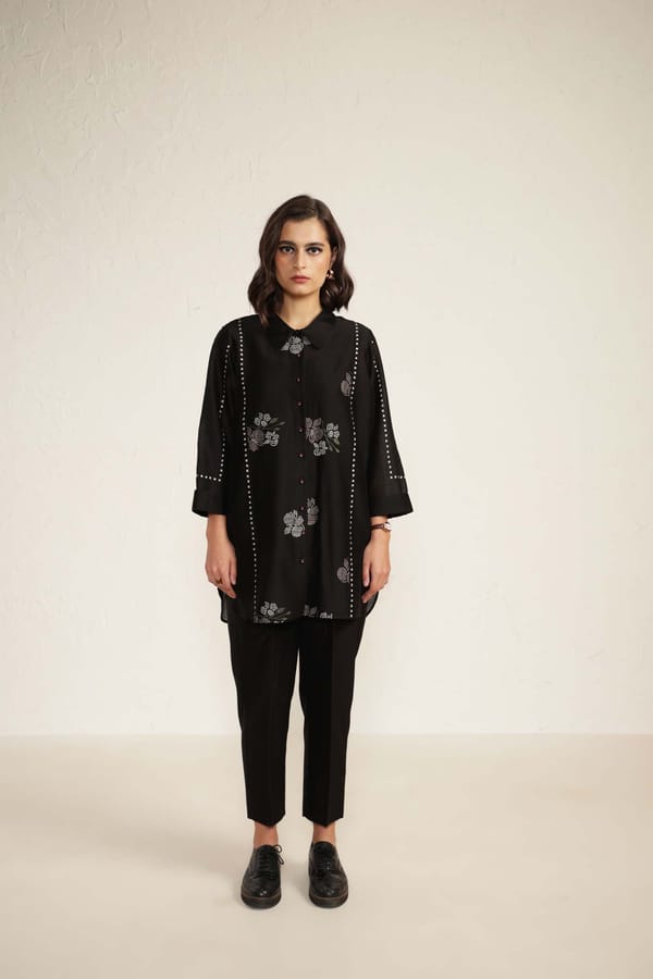 Black Silk Chanderi Shirt and Straight Pants Co-ord Set — Arcvsh Pallavi Singh