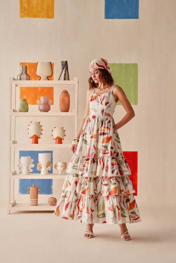 Ivory Painterly Printed Tiered Cotton Maxi Dress — Sage by Mala