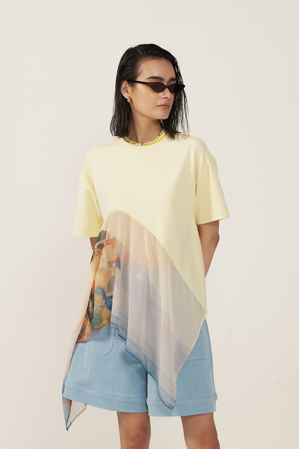 Lemon Oversized Layered T-Shirt with Sheer Diagonal Panel — Muvazo
