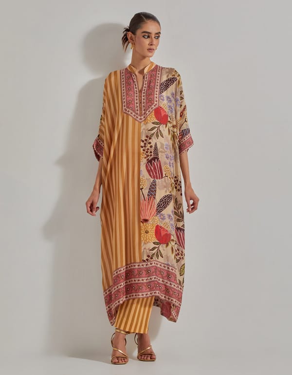 Beige Mixed-Print Straight Kurta Set with Striped Pants — Kavita Bhartia