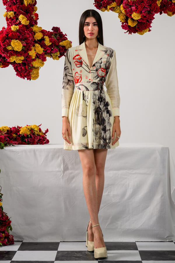 Off White Floral Print Mini Shirt Dress with Red Beadwork — The Dramebaaz Company
