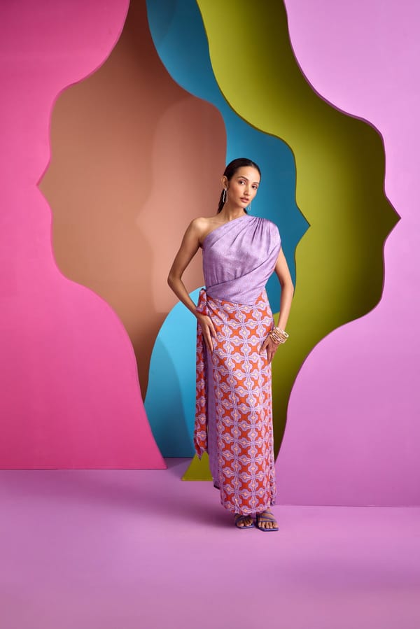 Purple One-Shoulder Printed Kaftan with Side Buttons — CUIN