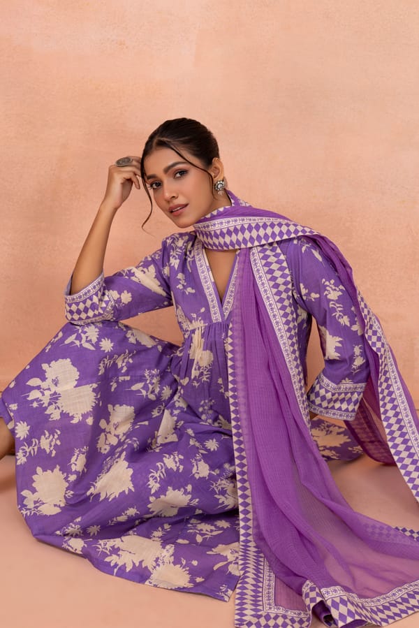 Purple Floral Printed Cotton Kurta Set with Dupatta — CHHIPA JAIPUR