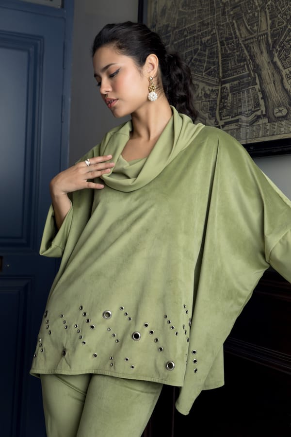 Sage Green Velvet Cowl Neck Co-ord Set with Tapered Pants — Rhe-Ana