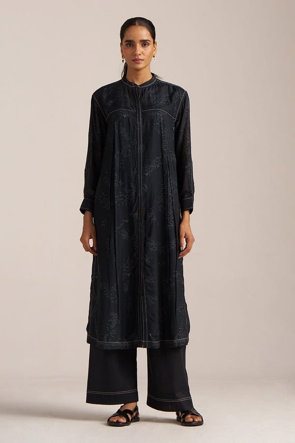 Black Tonal Print Kurta and Wide-Leg Pant Co-ord Set — Ganga Fashions Pvt Ltd