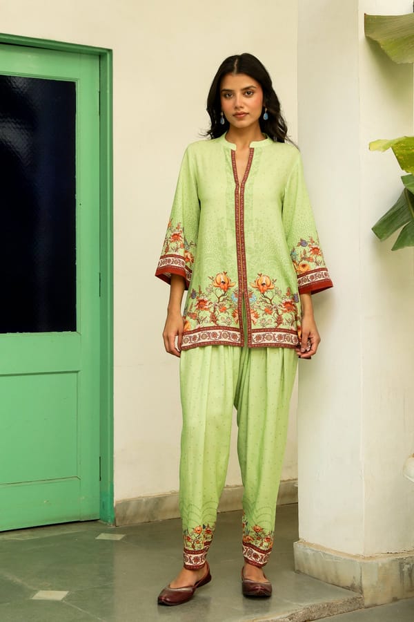 Green Printed Kurta Set with Floral Border — INCHING INDIA