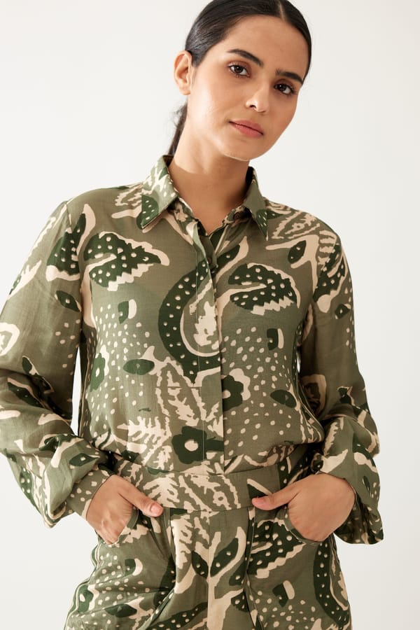 Green And Cream Floral Long Shirt — KoAi