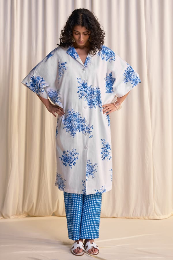 Blue and White Porcelain Print Longline Shirt — Dash and Dot
