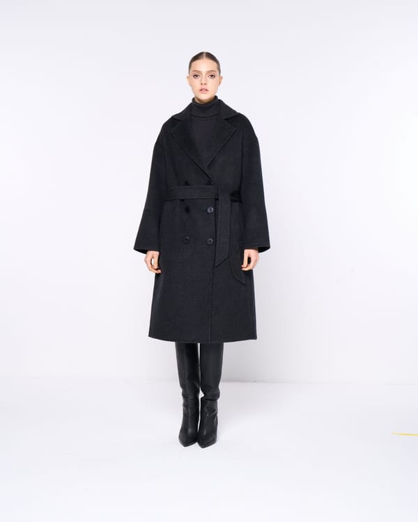 Charcoal Grey Double-Breasted Belted Long Coat — SILVIAN HEACH