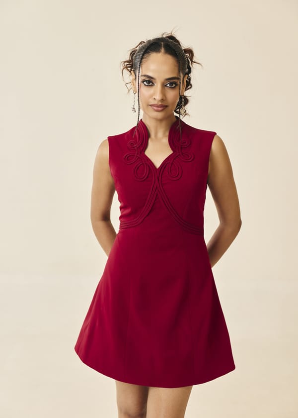 Adeline Crimson Cord Embroidered Mini Dress — Lea Clothing