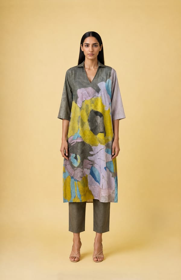 Green Linen Abstract Print Kurta Set — CLOS