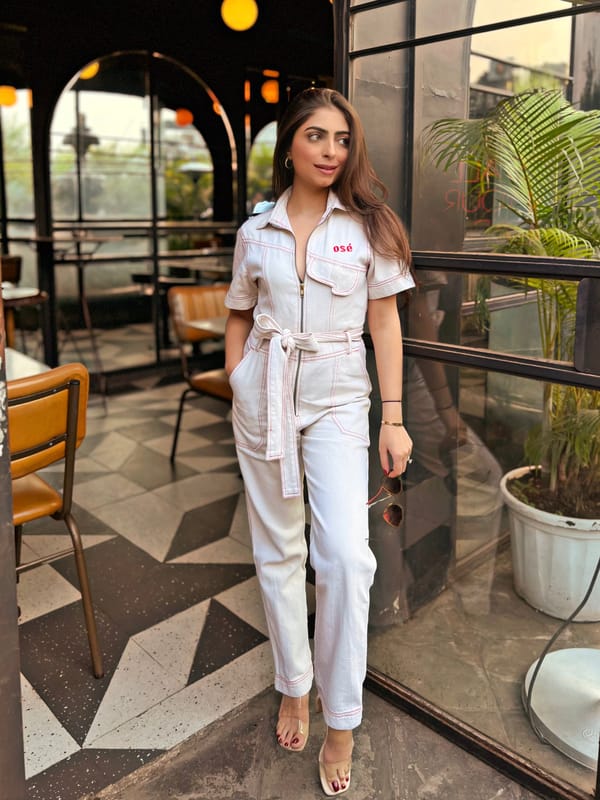 Off White Denim Zip-Front Belted Jumpsuit — OSE STUDIO