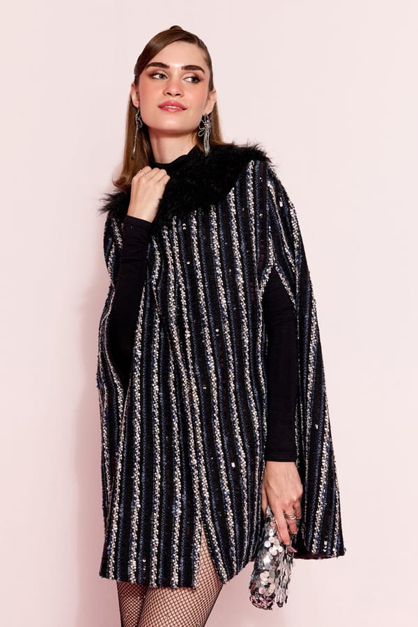 Black Tweed Long Cape with Fur Trim and Stripe Detail — AVERIE