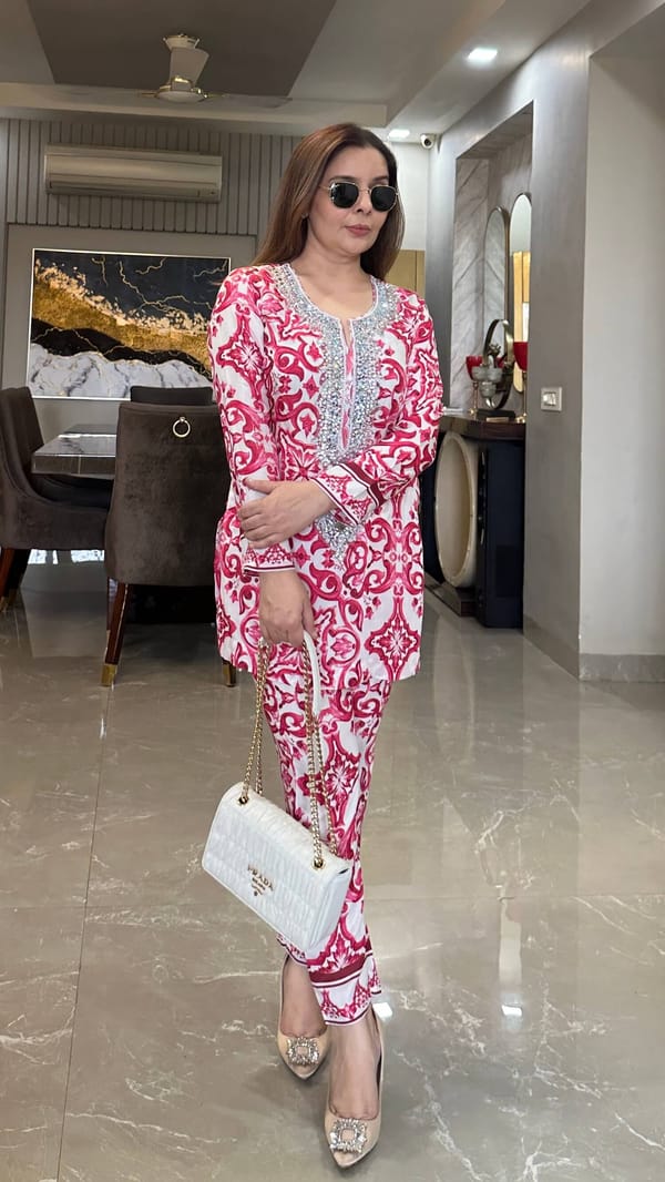 Hot Pink Printed Kurta and Pant Co-ord Set with Crystals — Kylee Fashions