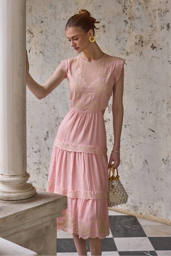 Pastel Pink Linen Tiered Midi Dress with Tonal Embroidery — BOHO-CHIC