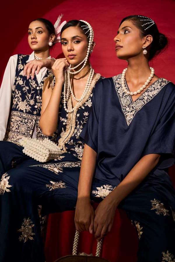 Navy Georgette Embroidered V-Neck Co-ord Set — TASUVURE