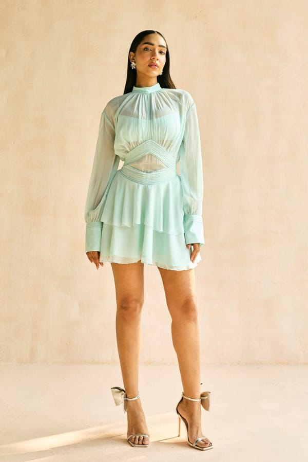 Misty Blue Tiered Chiffon Mini Dress with Sheer Sleeves — Lea Clothing