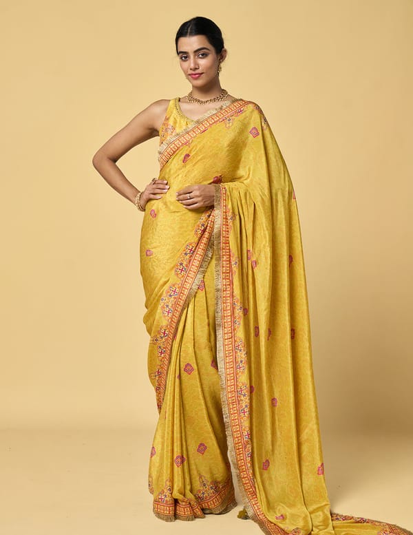 Yellow Printed Viscose Crepe Saree with Statement Border — SAUNDH