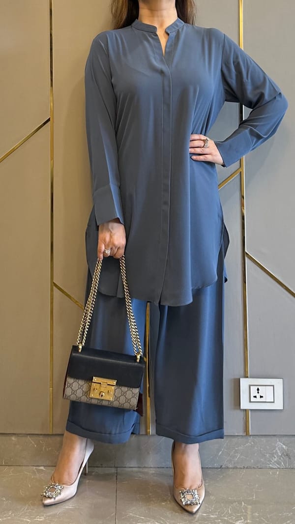 Steel Blue Georgette Shirt and Wide-Leg Pants Co-ord Set — Kylee Fashions