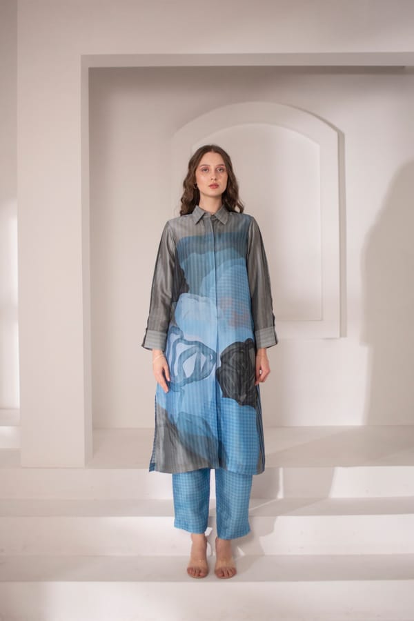Blue & Grey Long Straight Kurta Set — CLOS