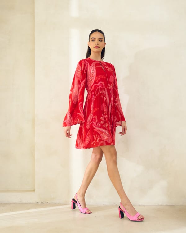 Red Pink Paisley Fit and Flare Mini Dress — House of Soi