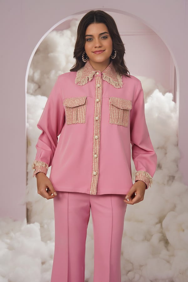 Pink Button-Down Shirt with Tweed Trim and Pearl Buttons — Chöjé