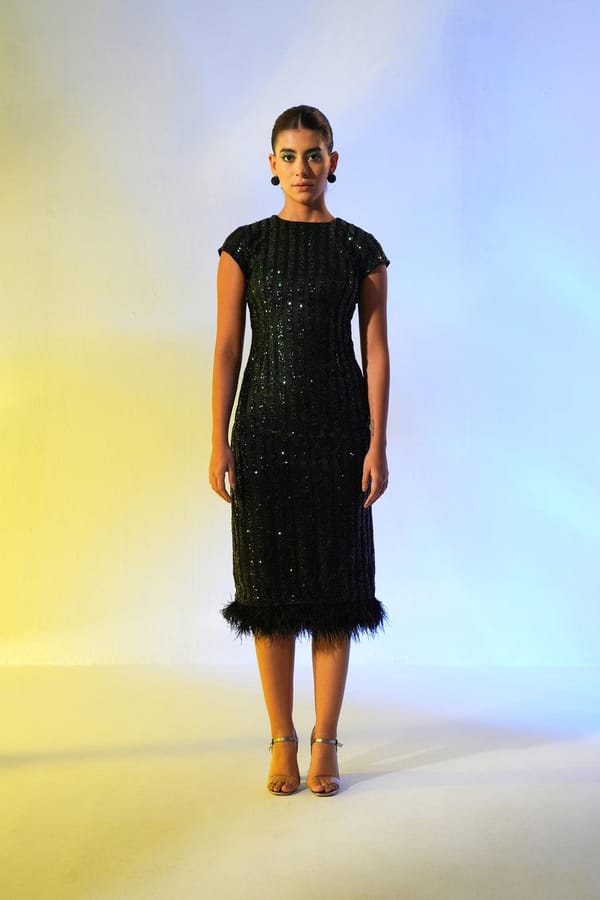 Emerald/Black Sequin Mesh Midi Dress with Feather Hem — Label IRIS