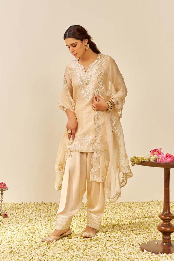 Beige A-Line Embroidered Kurta Set with Salwar — Sheetal Batra