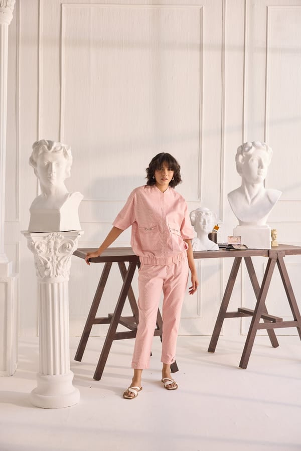 Pink Geometric Print Bomber Co-ord Set with Tapered Pants — Shivya K