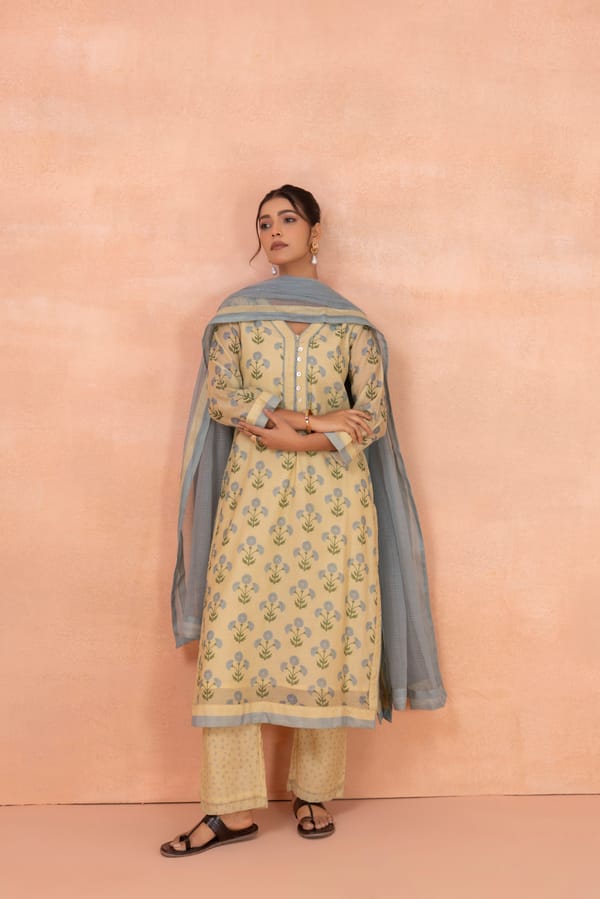 Yellow Floral Printed Straight Kurta Set with Dupatta — CHHIPA JAIPUR